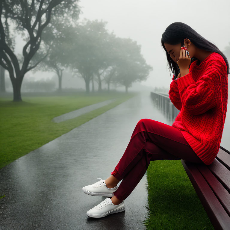 Person in Red Sweater Sitting on Park Bench on Foggy Day