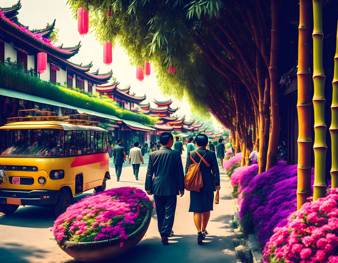 Colorful street scene with people, flowers, tourist bus, lanterns, and Asian architecture.