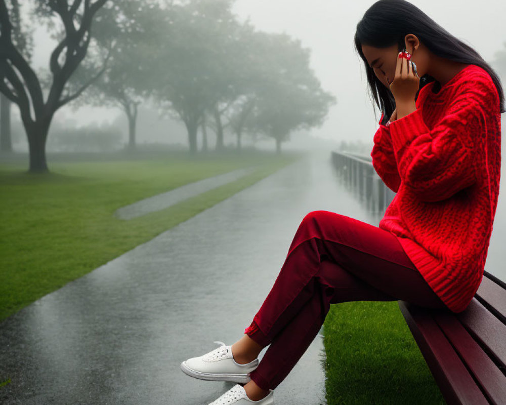 Person in Red Sweater Sitting on Park Bench on Foggy Day