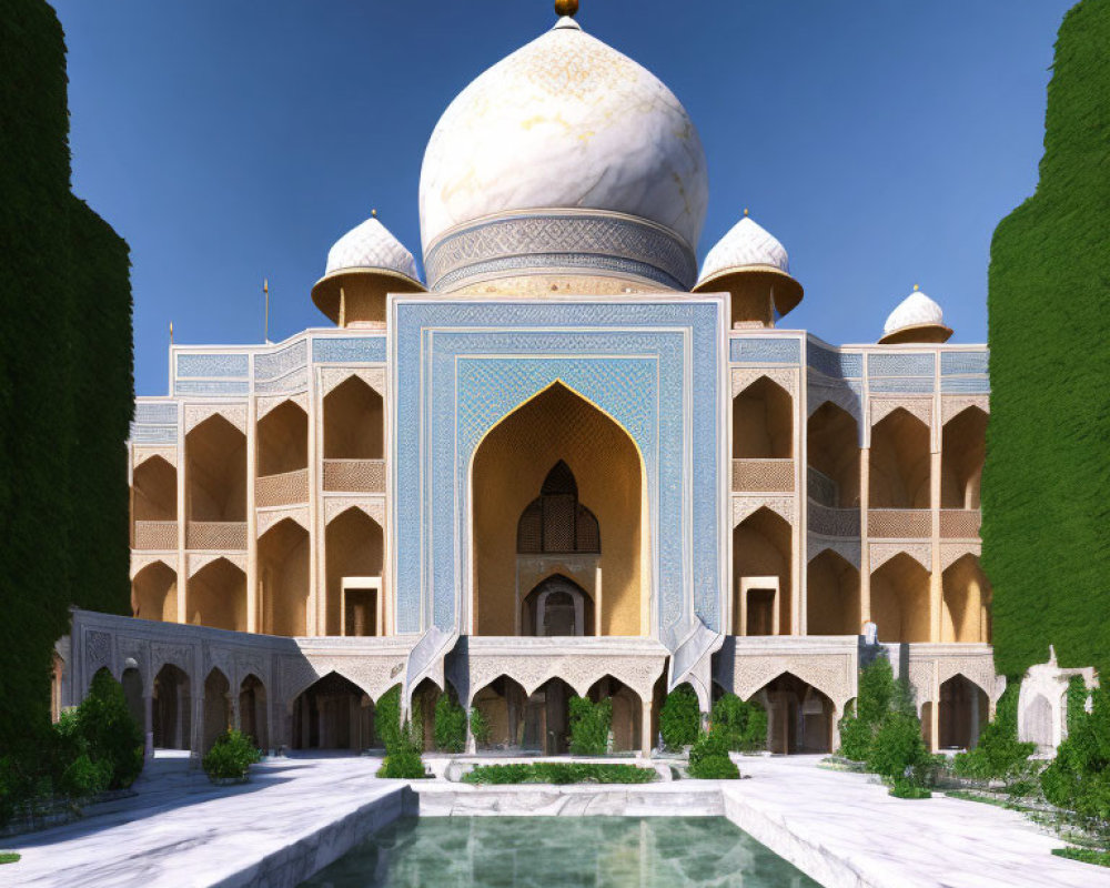 Majestic palace with golden dome, blue tilework, hedges, and water feature