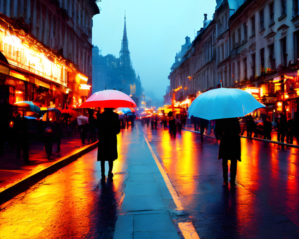 City street at dusk: Vibrant blue and red lights, rain-soaked pavement, people with umb