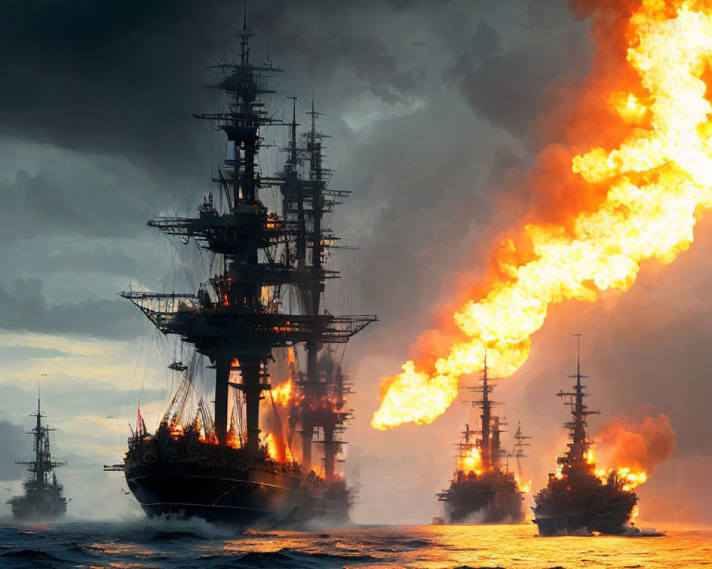 Vintage warships ablaze in naval battle on turbulent seas.