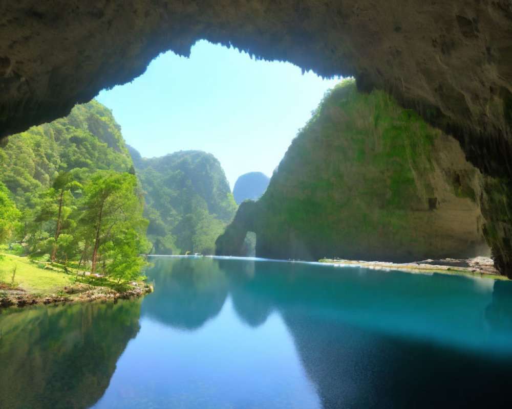 Tranquil River View from Cave with Greenery and Hills