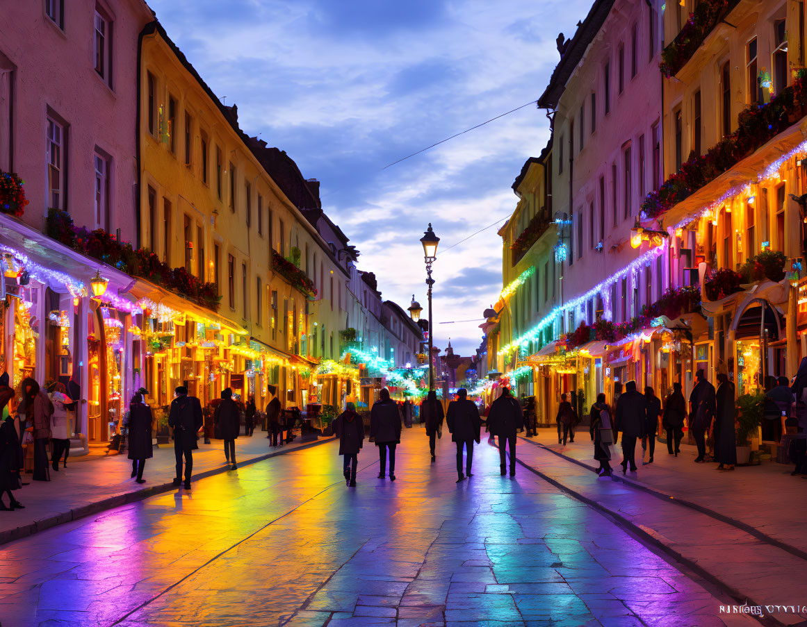 Colorful Dusk Street Scene with Illuminated Buildings and People