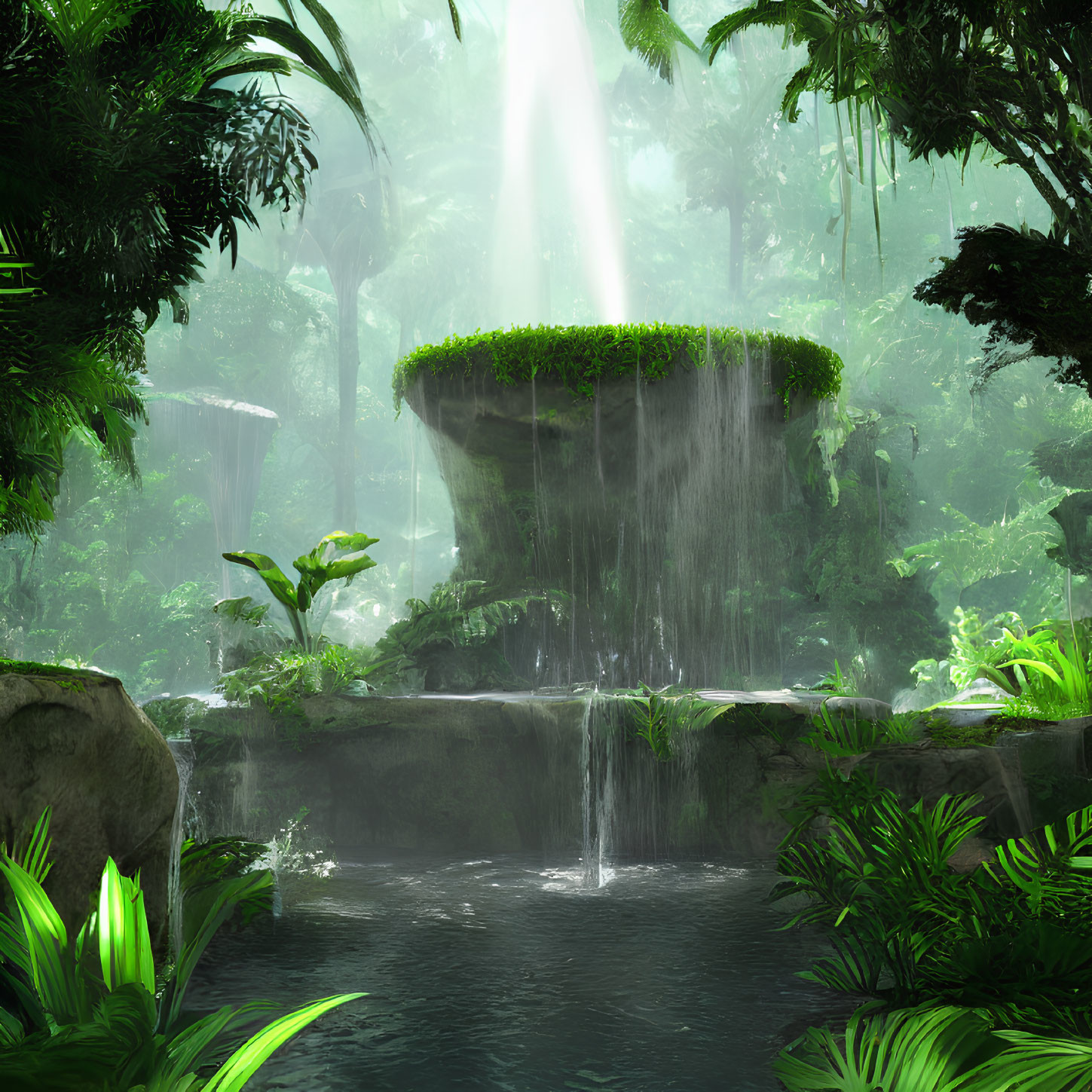 Tranquil pond with waterfalls in lush green forest