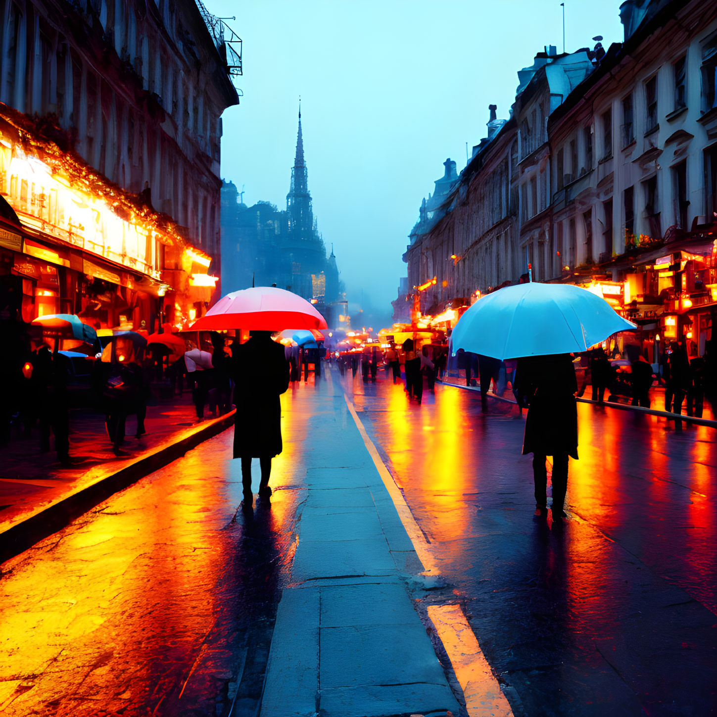 City street at dusk: Vibrant blue and red lights, rain-soaked pavement, people with umb