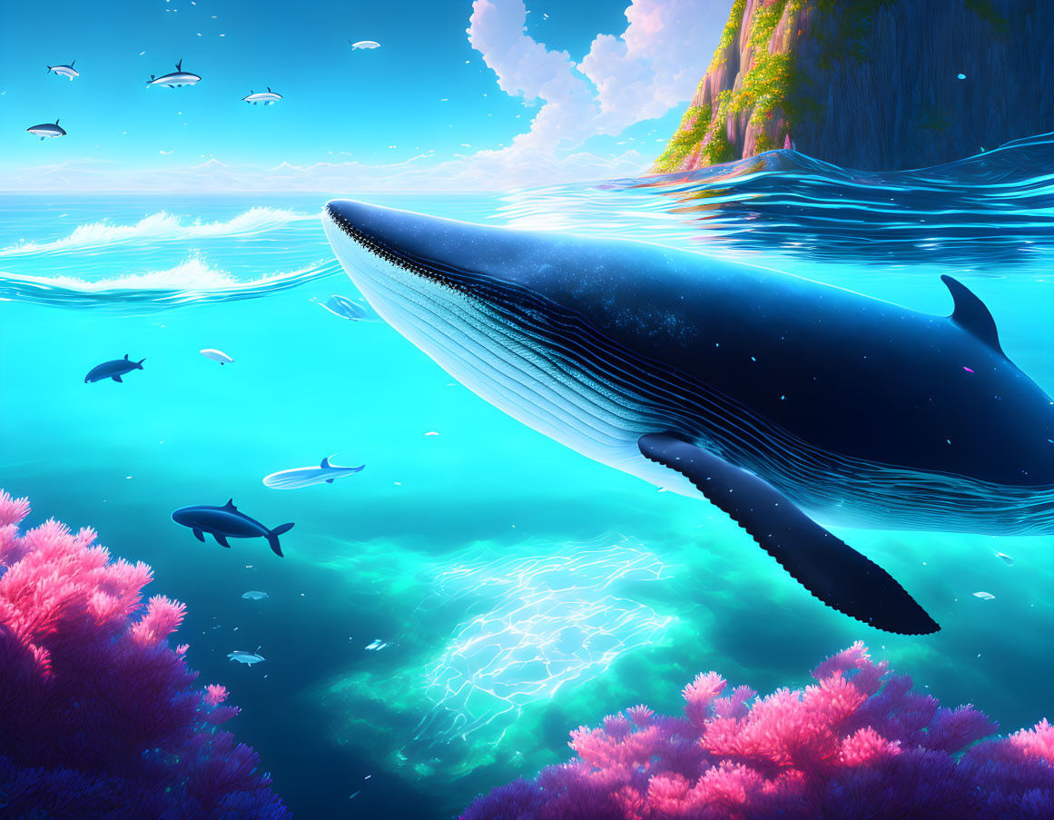 Blue whale swimming in vibrant underwater scene with colorful corals and sea creatures