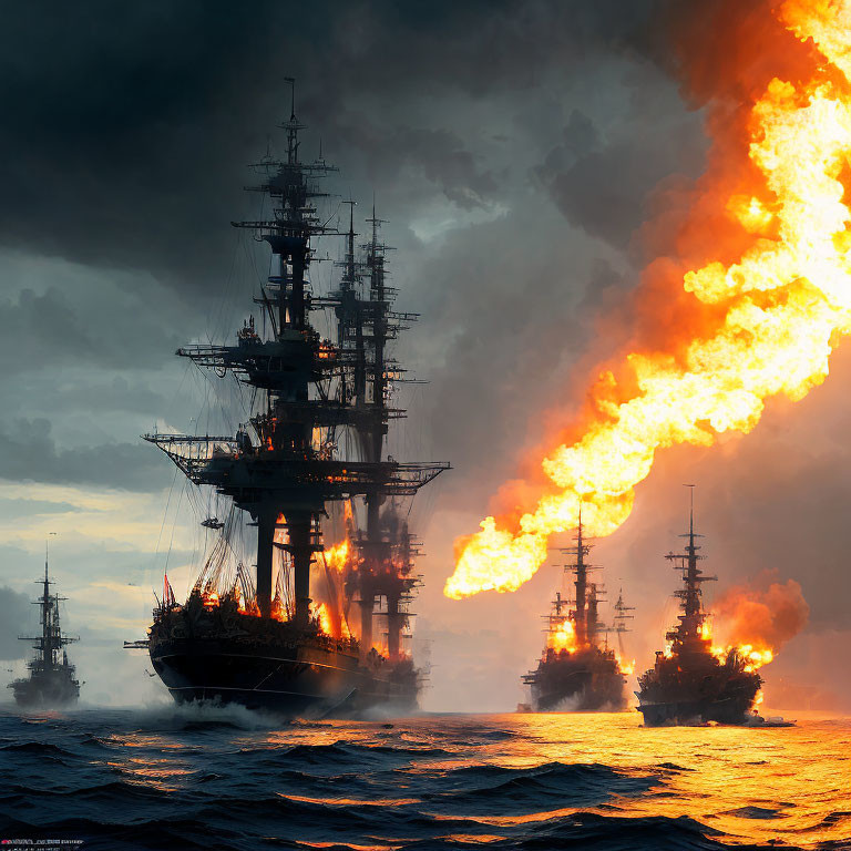 Vintage warships ablaze in naval battle on turbulent seas.