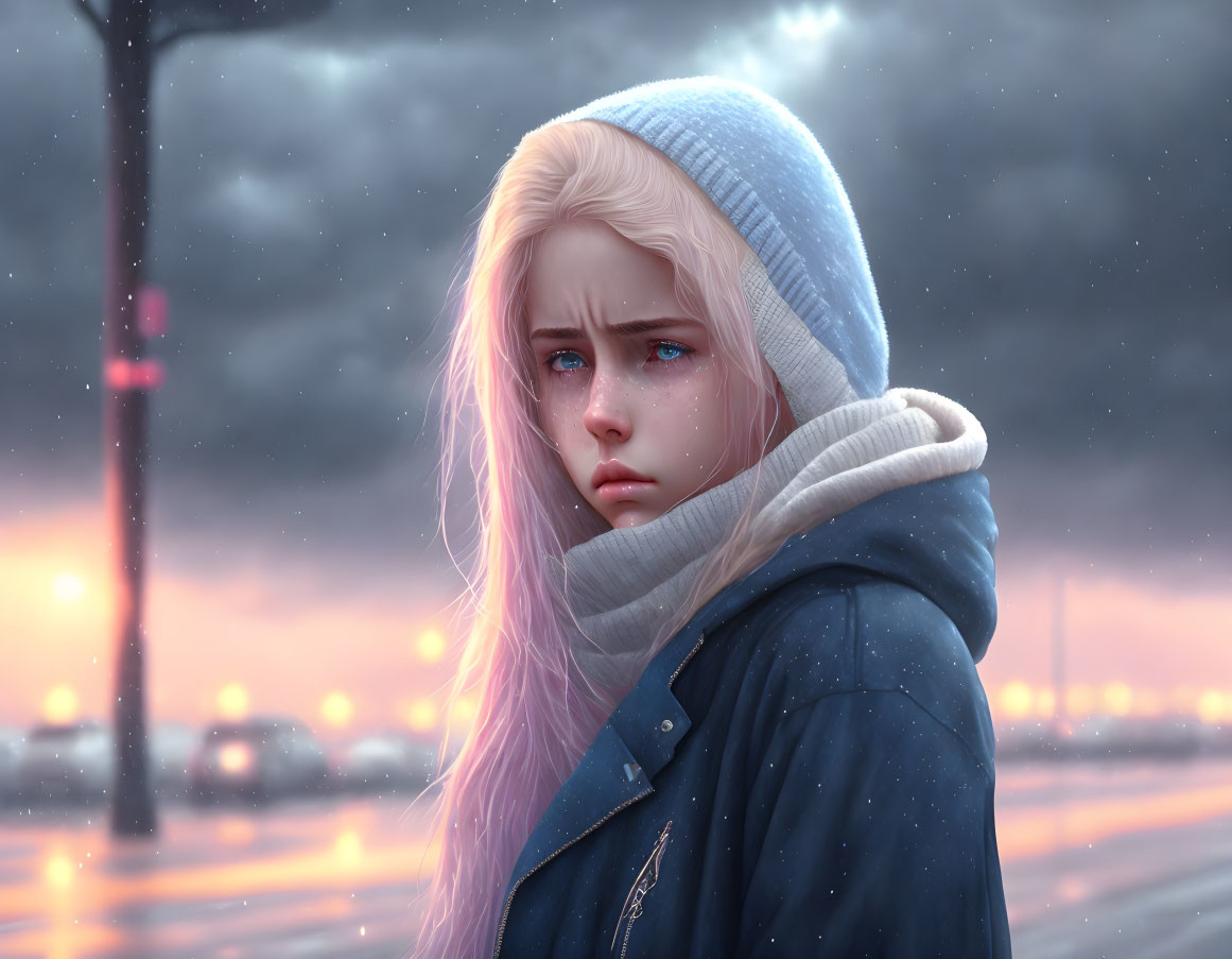 Blonde-Haired Woman in Hoodie Contemplating Cityscape at Twilight