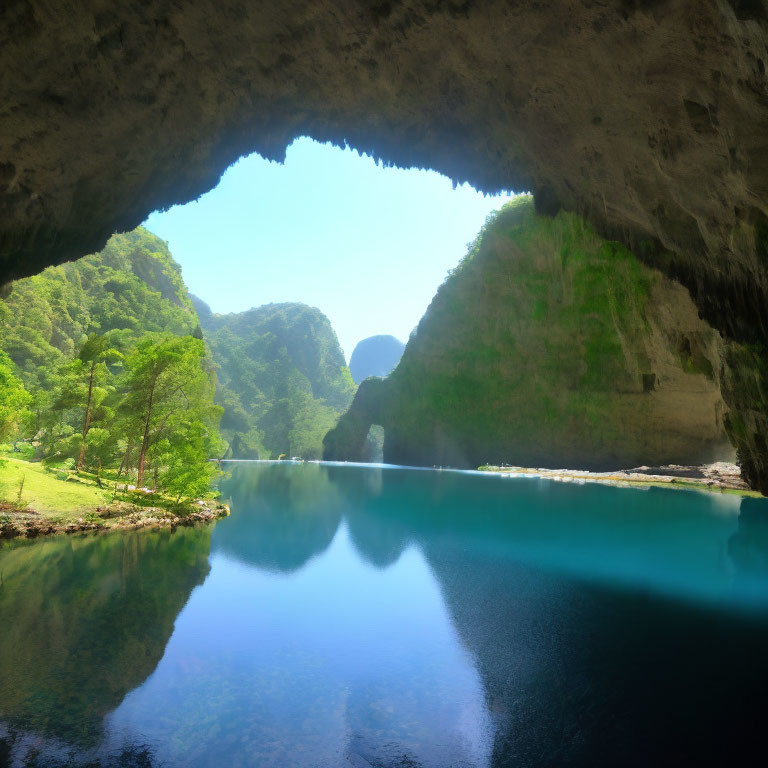 Tranquil River View from Cave with Greenery and Hills