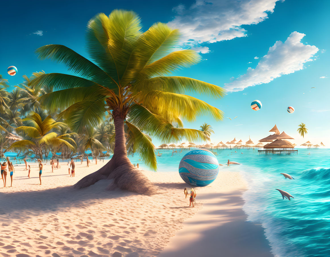 Tropical beach scene with palm trees, bungalows, and kites