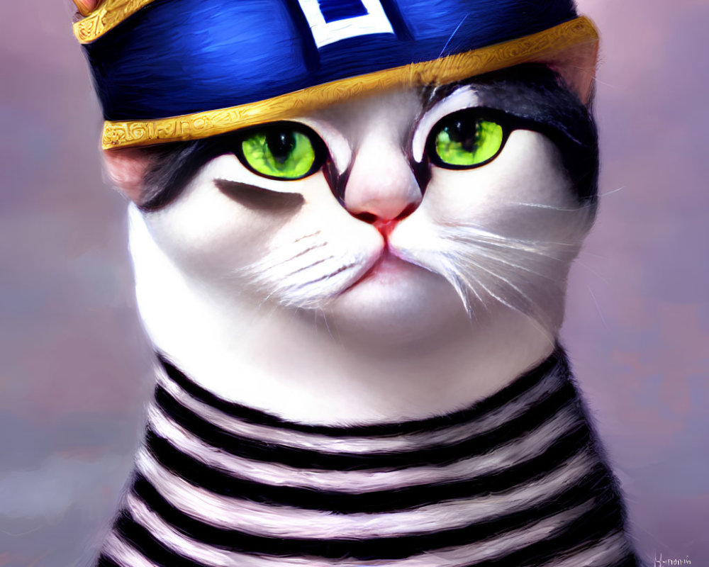 Digital Artwork: Cat with Green Eyes in Egyptian Pharaoh Headdress