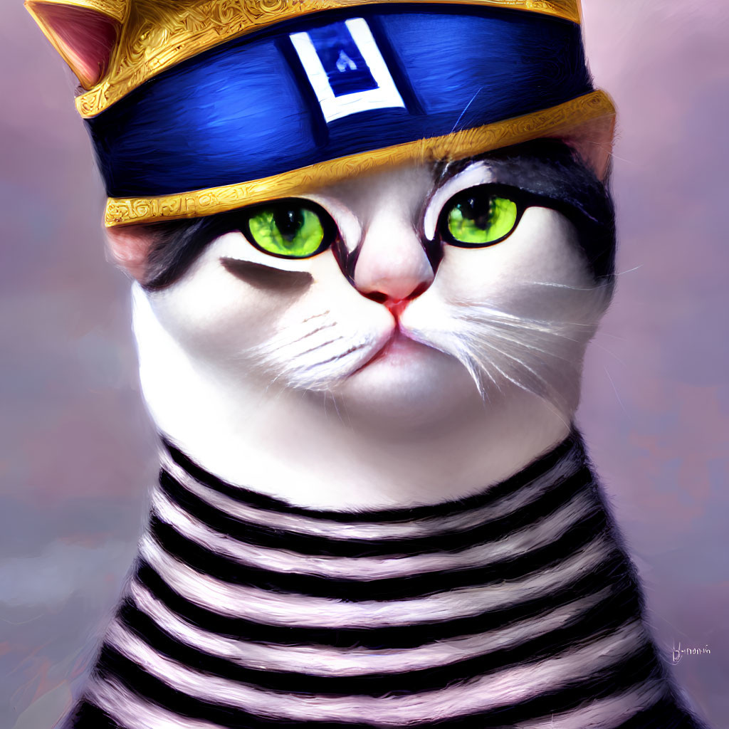 Digital Artwork: Cat with Green Eyes in Egyptian Pharaoh Headdress