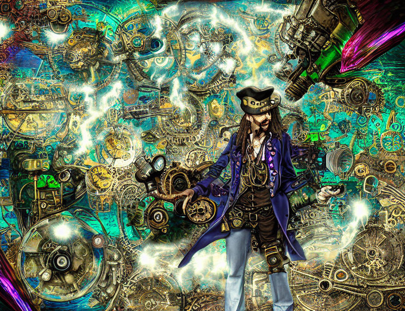 Colorful digital artwork of a pirate with a tricorn hat in a mechanical, energy-filled setting