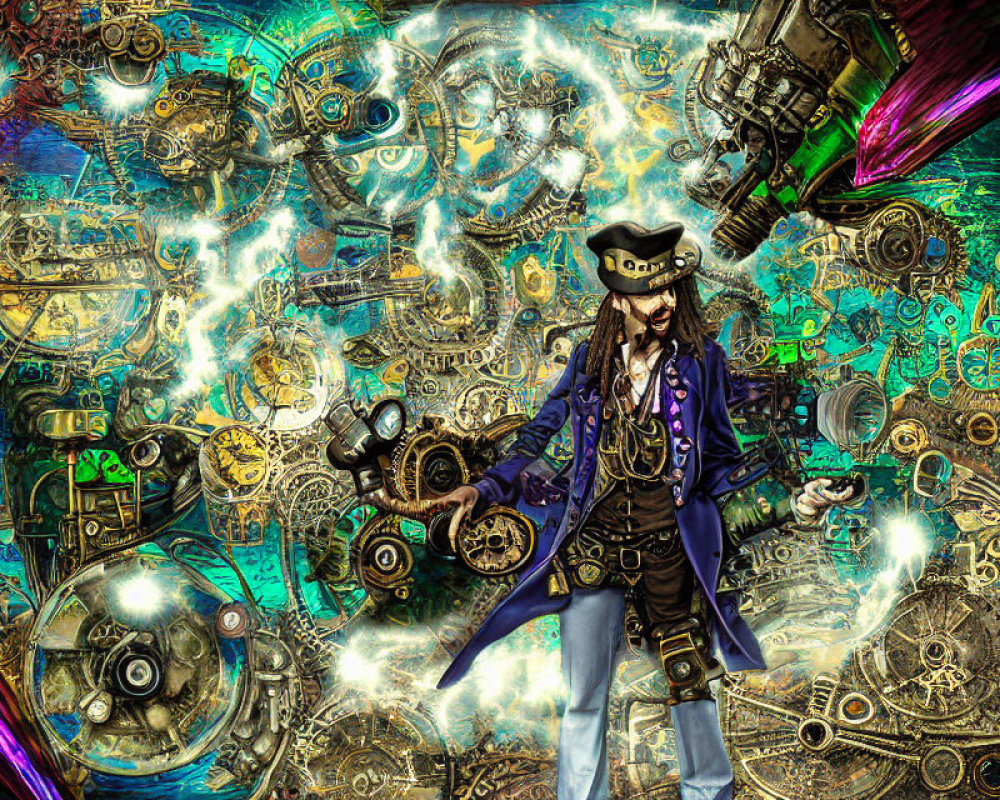 Colorful digital artwork of a pirate with a tricorn hat in a mechanical, energy-filled setting