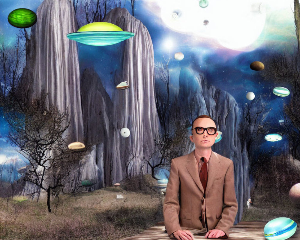 Man in suit and glasses at round table in surreal landscape with floating orbs, UFOs, and towering