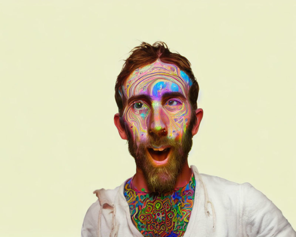 Man with colorful psychedelic patterns on face and shirt against yellow background