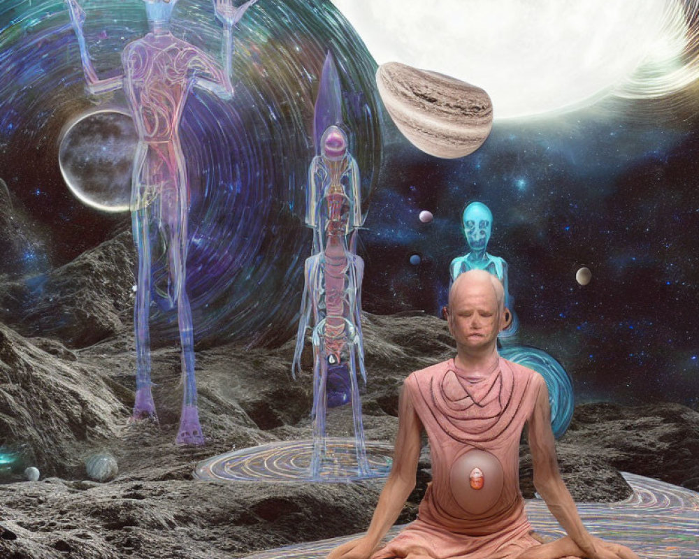 Person meditates with colorful chakras on cosmic background