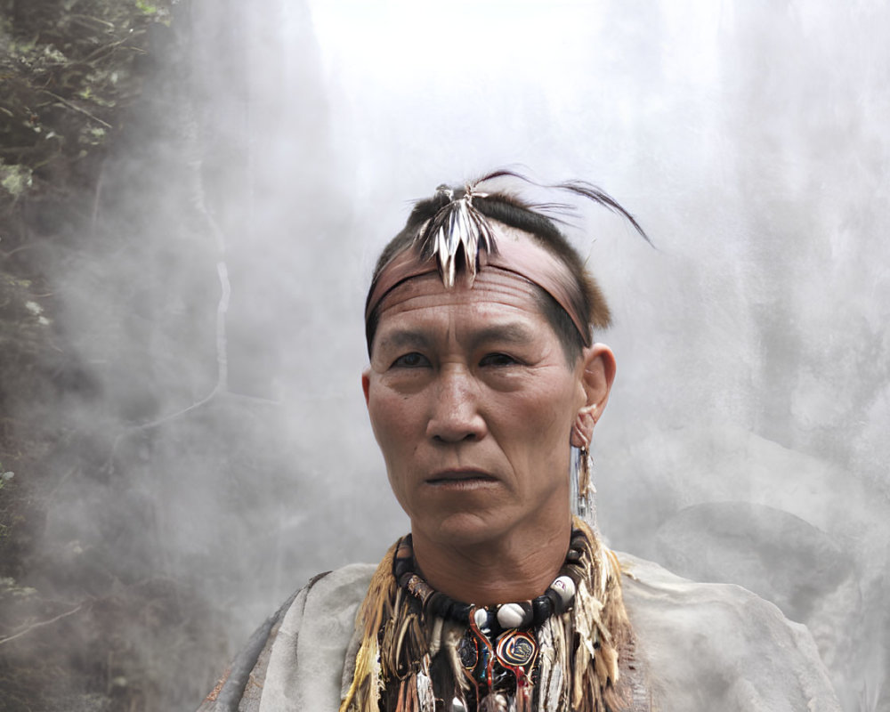 Native American man in traditional attire against misty background