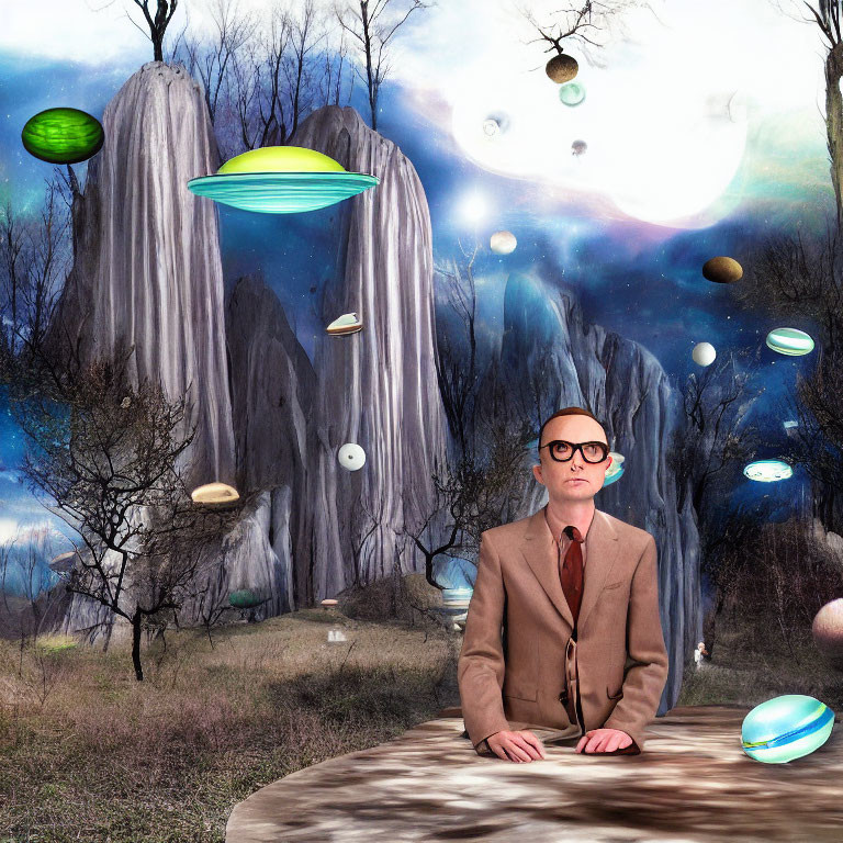 Man in suit and glasses at round table in surreal landscape with floating orbs, UFOs, and towering