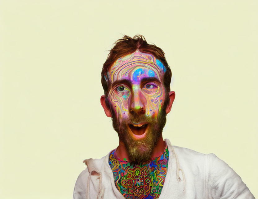 Man with colorful psychedelic patterns on face and shirt against yellow background