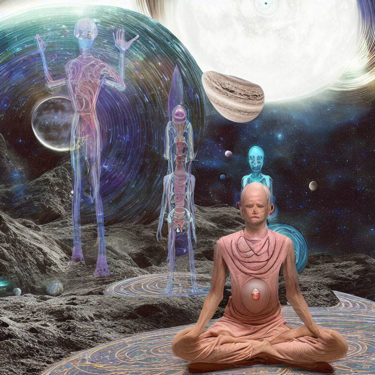 Person meditates with colorful chakras on cosmic background