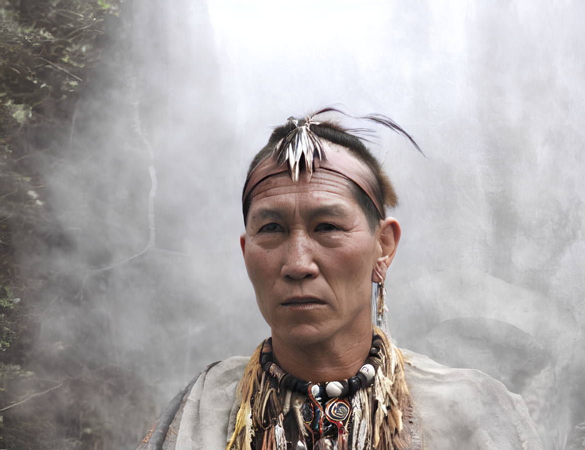 Native American man in traditional attire against misty background