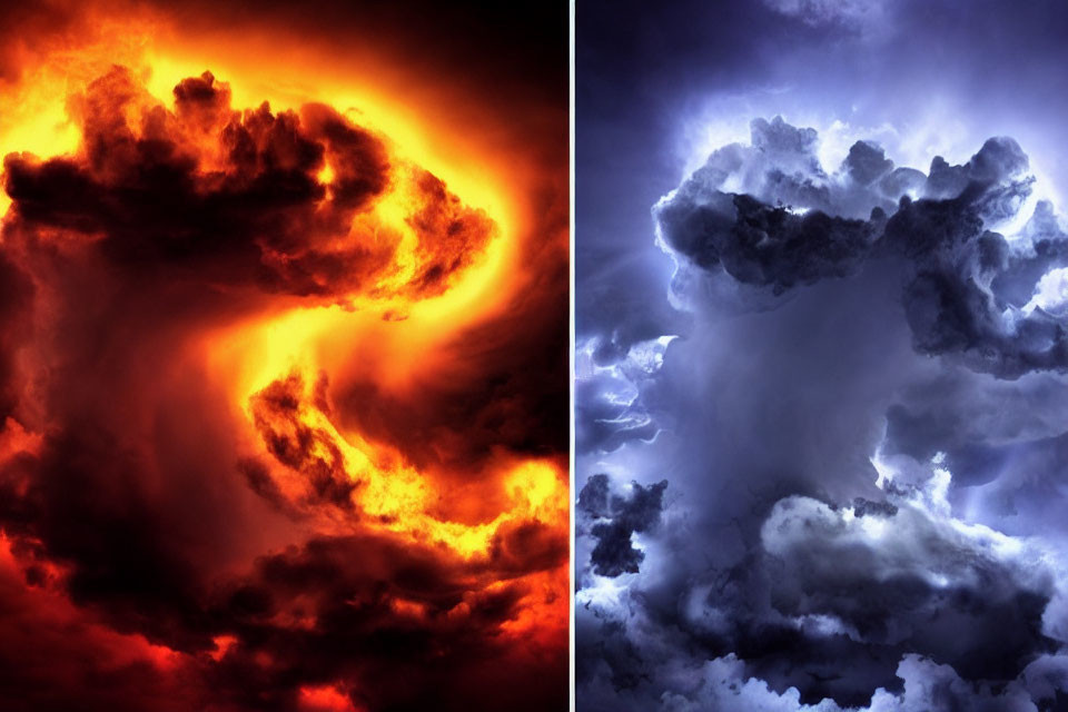 Contrasting split-view image of fiery red and calm blue cloudscape