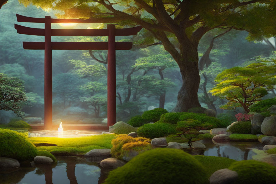 Tranquil Japanese garden at sunset with red torii gate, pond, mossy rocks, and