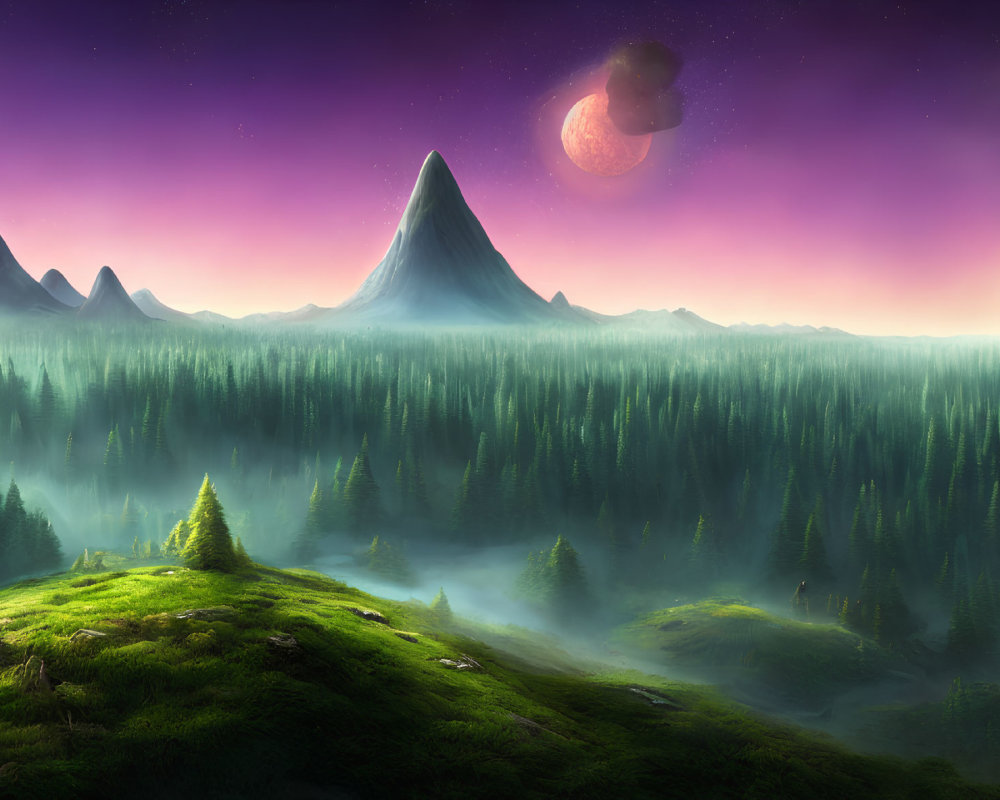 Fantasy landscape with lush forests, pointed mountains, and dual moons