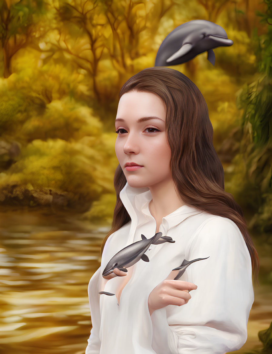 Woman in white blouse with levitating dolphins in autumn landscape