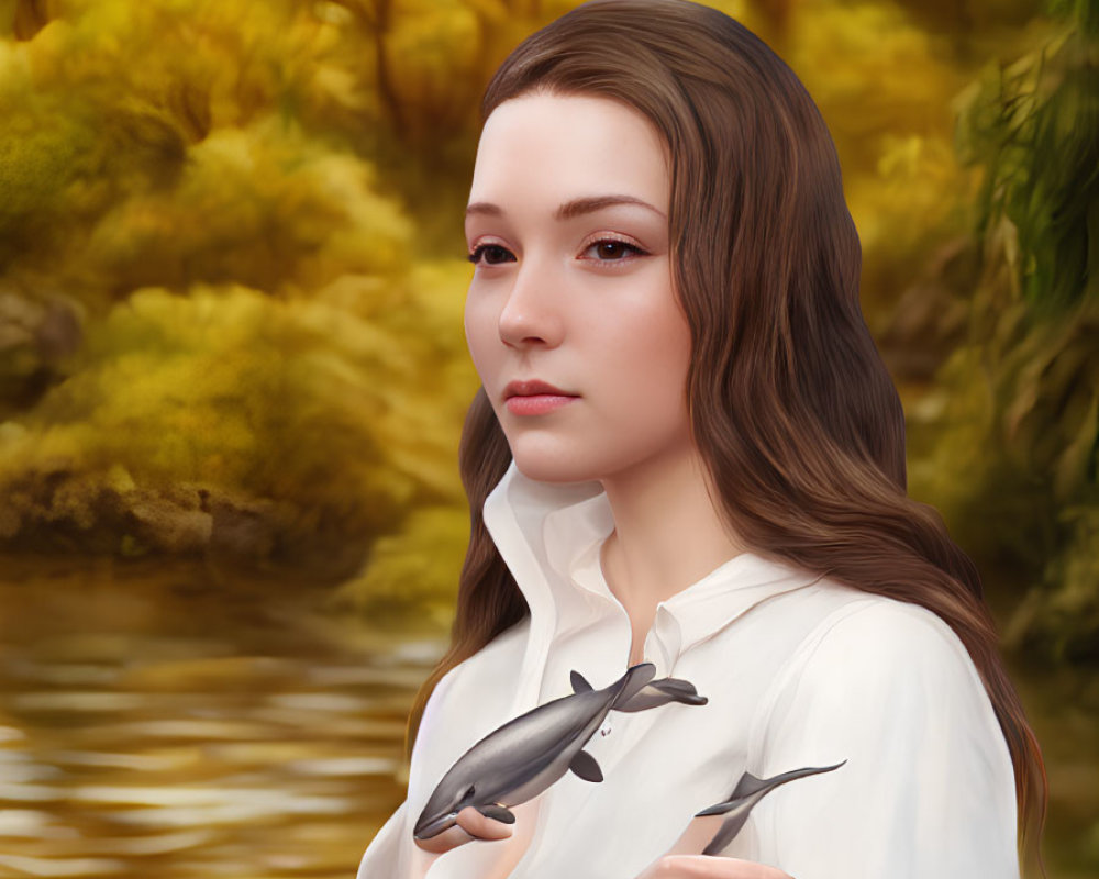 Woman in white blouse with levitating dolphins in autumn landscape