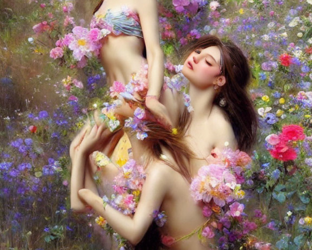 Vibrant floral backdrop with two animated female figures in dreamy setting