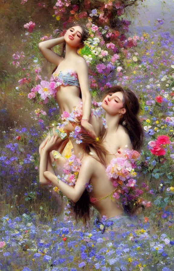 Vibrant floral backdrop with two animated female figures in dreamy setting