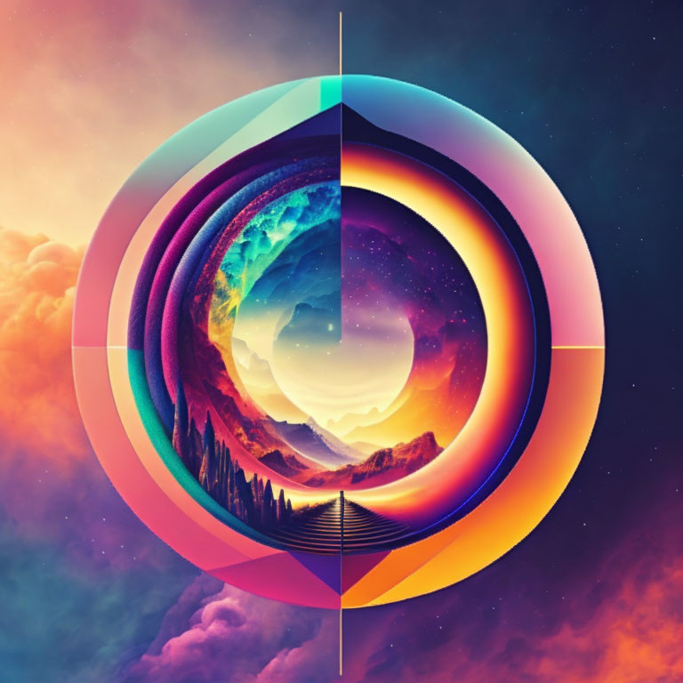 Vibrant surreal digital artwork: concentric circles with landscapes and celestial elements