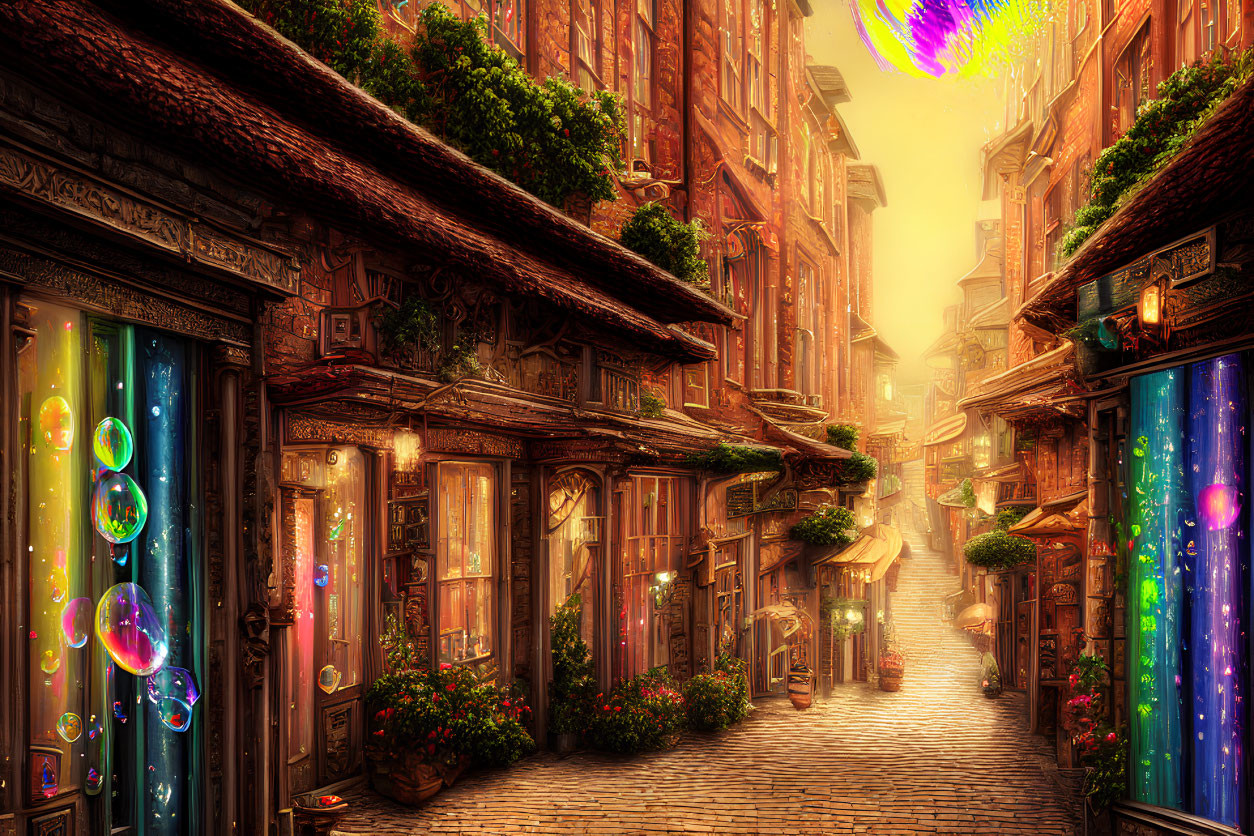 Fantasy cobblestone alley with colorful glowing windows and floating soap bubbles