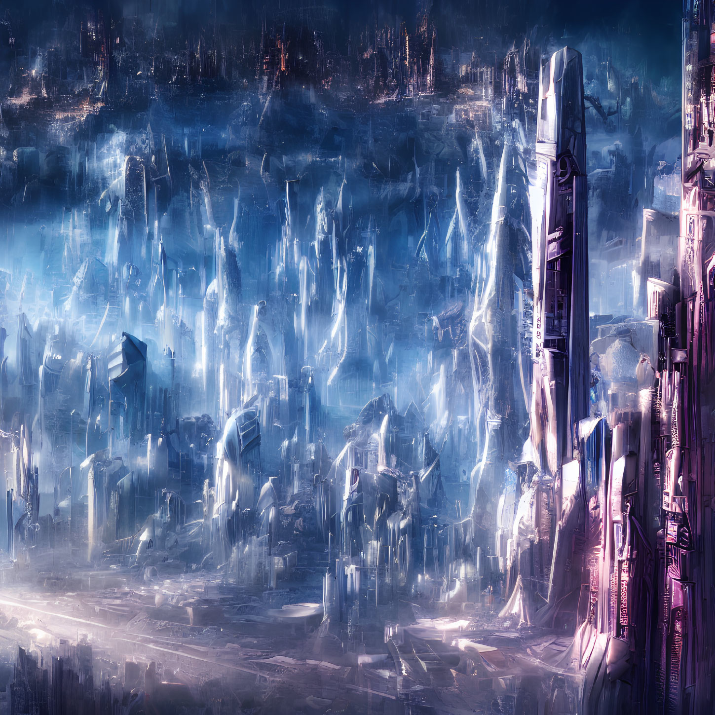 Futuristic cityscape in glacial setting with towering structures and blue light