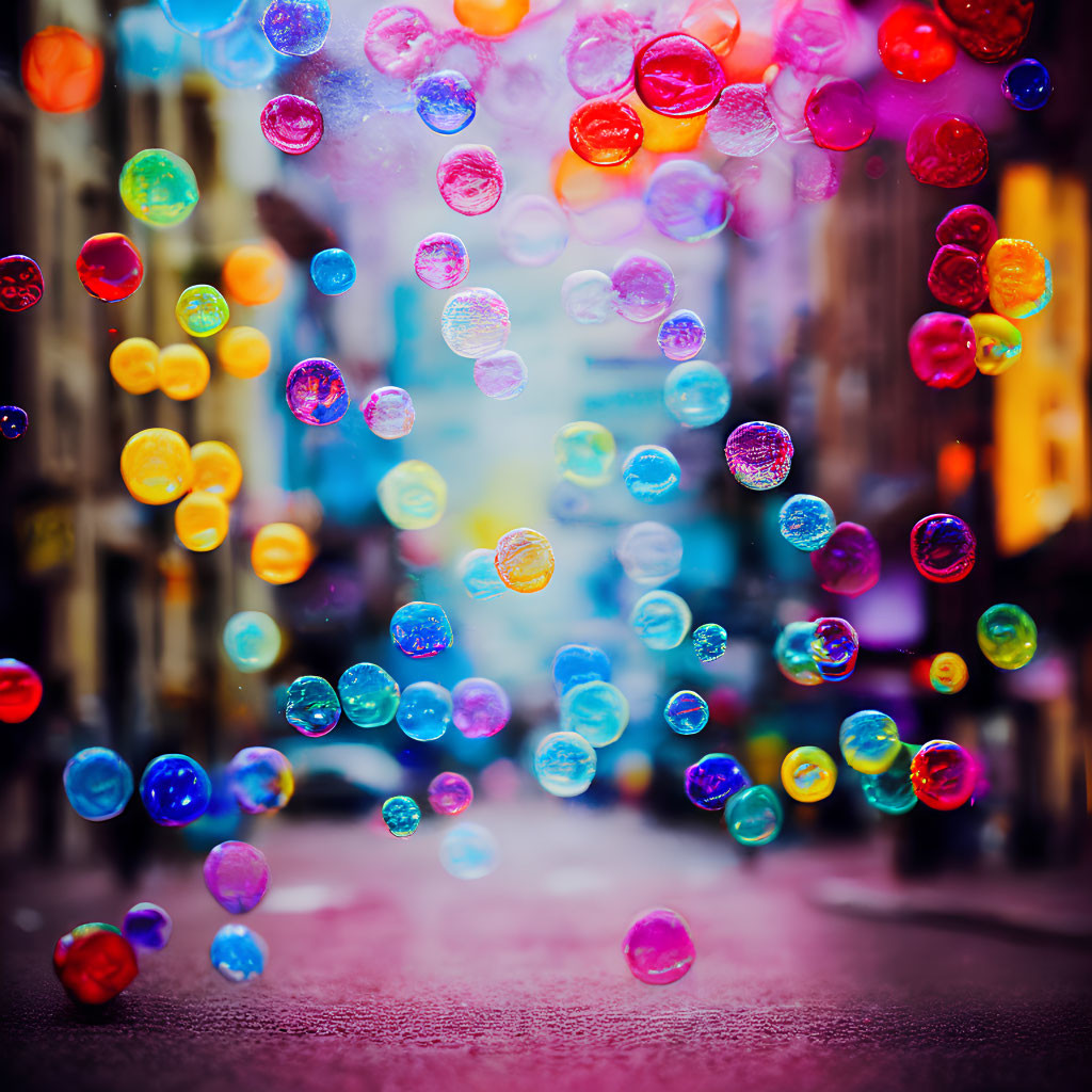 Vibrant soap bubbles in city street with blurred buildings