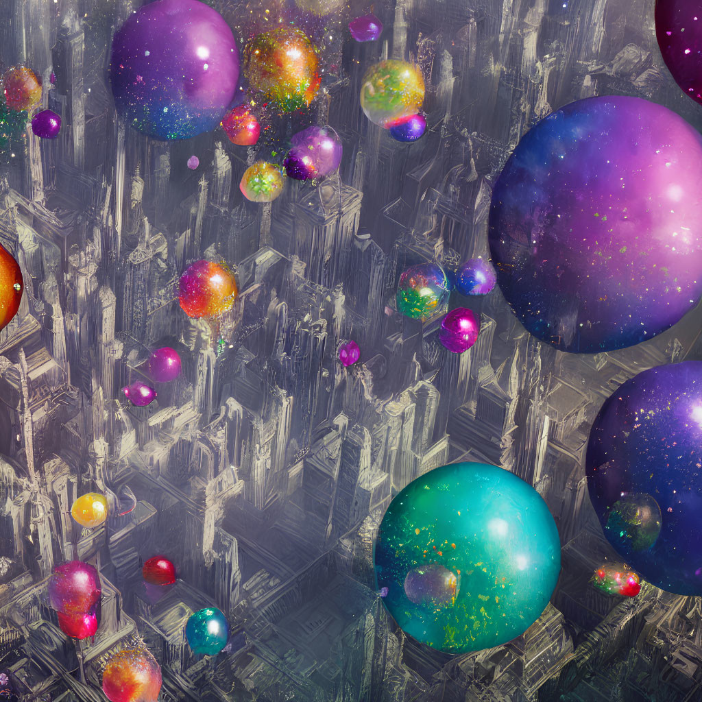 Surreal cityscape with metallic towers and floating cosmic orbs