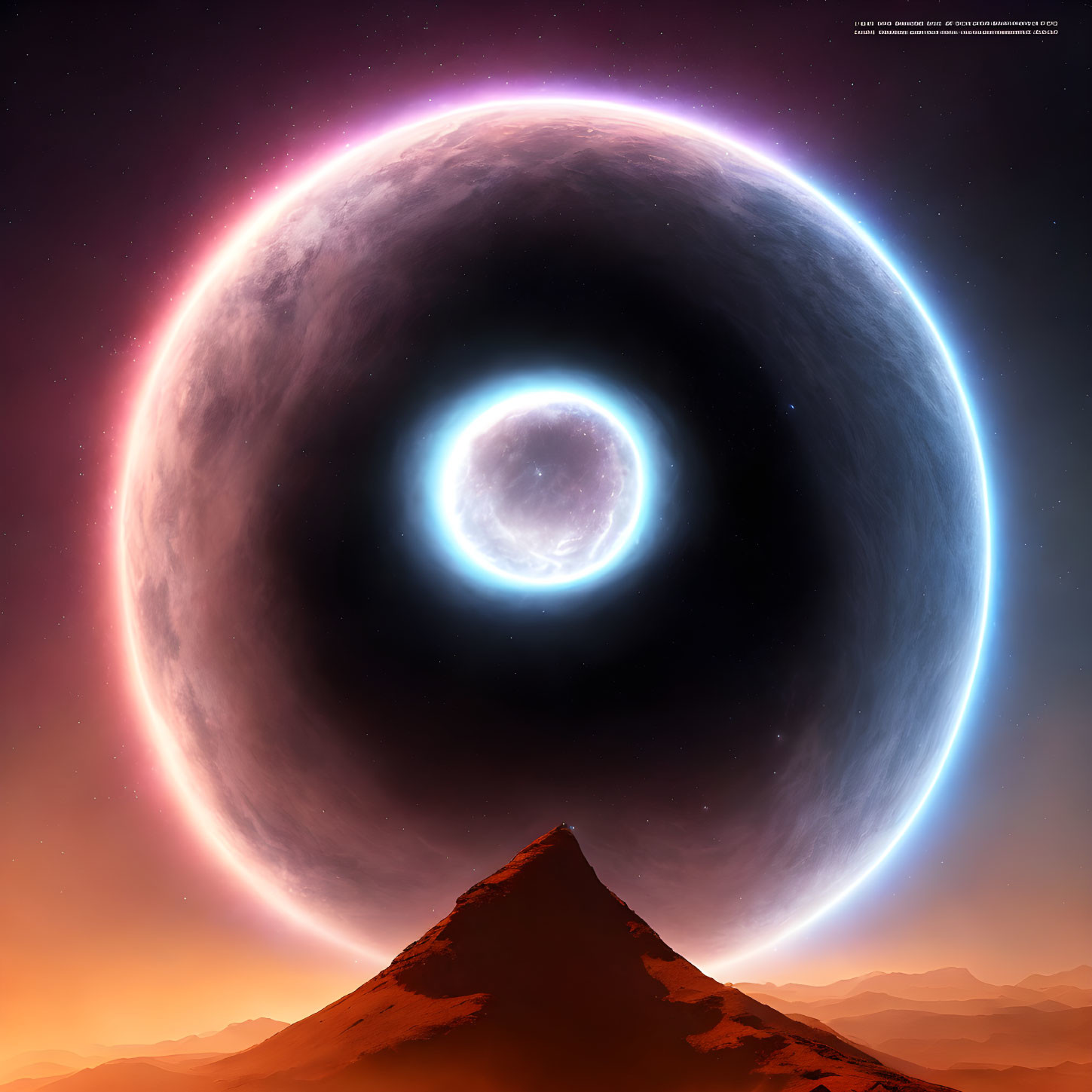 Surreal digital artwork of celestial body above mountainous landscape