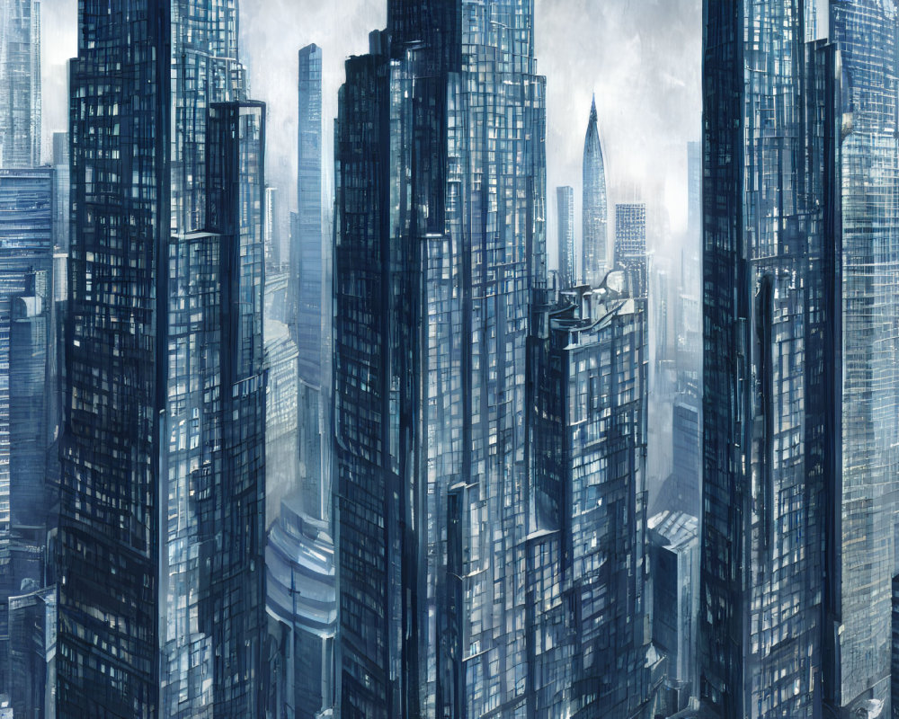 Dense, towering skyscrapers in futuristic cityscape under blue light