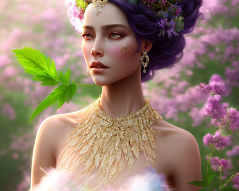 Portrait of Woman with Purple Hair and Flowers, Golden Jewelry, Serene Expression, Pink Blossoms