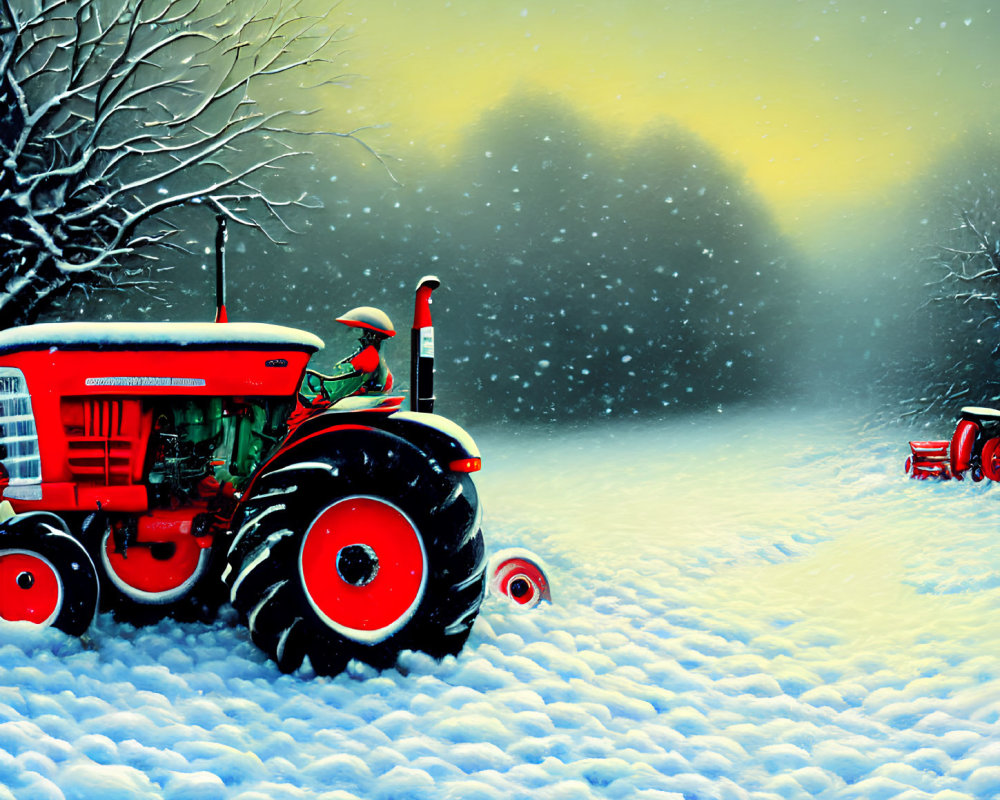 Red-coated person drives red tractor in snow-covered landscape with bare trees and golden sky.