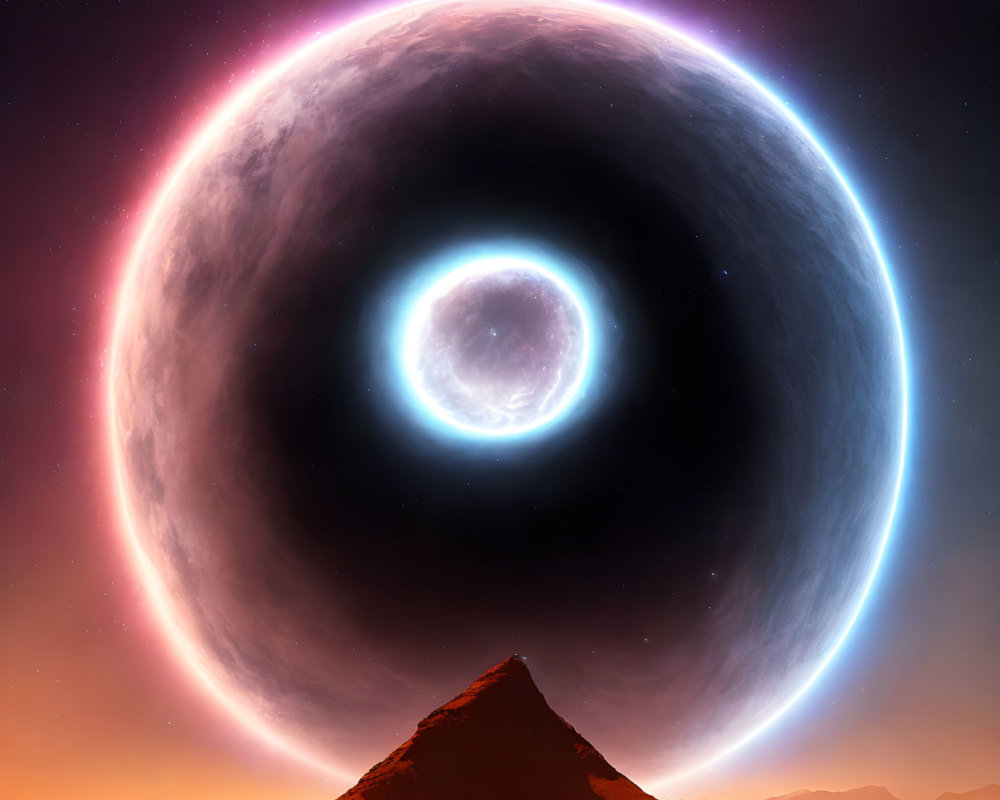 Surreal digital artwork of celestial body above mountainous landscape