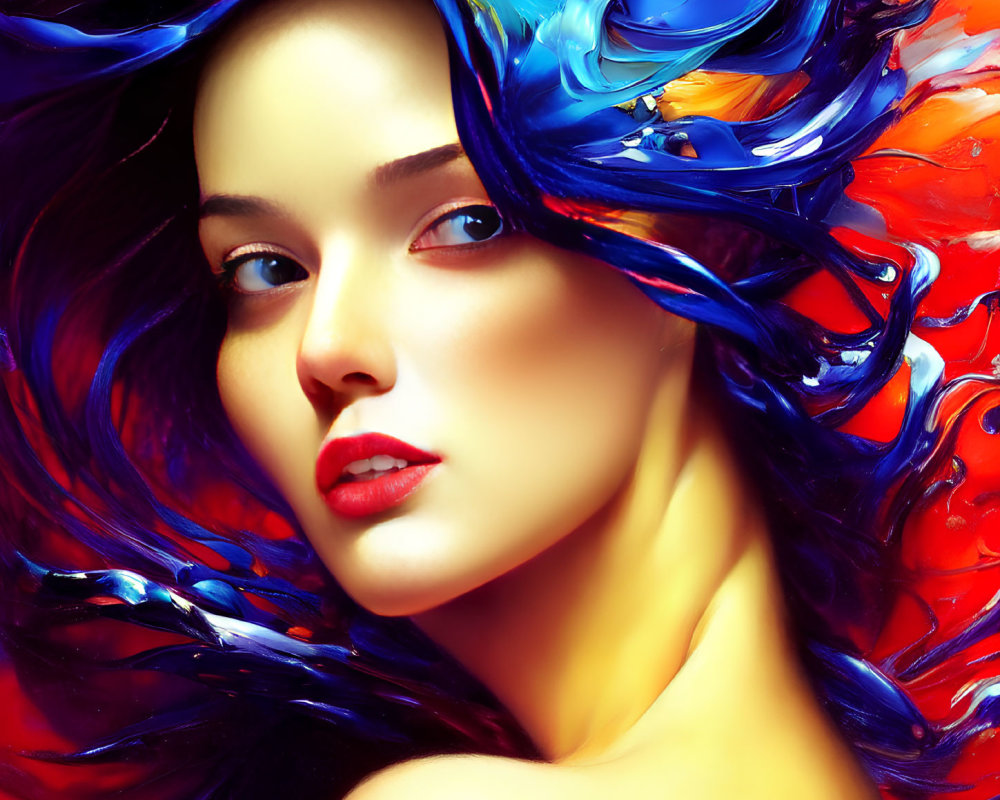 Colorful Portrait of Woman with Vibrant Blue and Red Hair