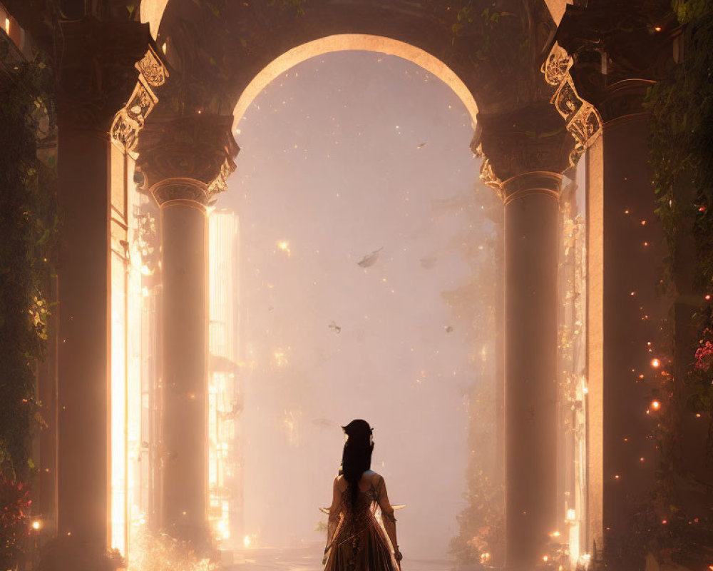 Woman in dark dress standing before illuminated archway with vines - ethereal setting