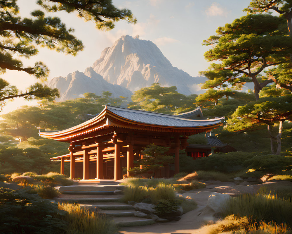 Serene forest setting with traditional East Asian temple architecture