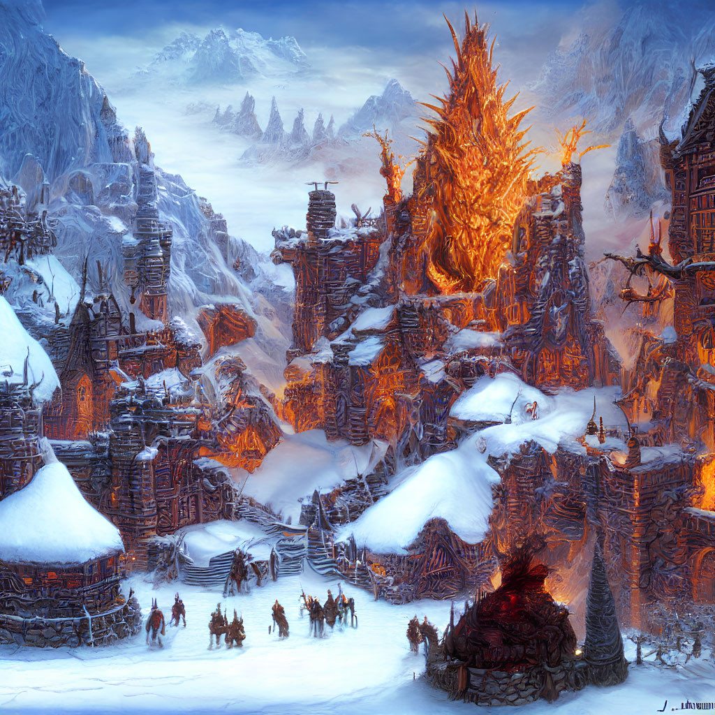 Fantasy icy landscape with glowing central structure and snow-covered medieval buildings.