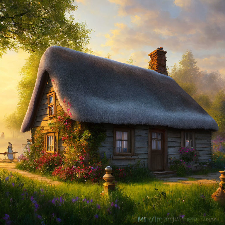 Thatched Roof Cottage in Greenery at Sunrise