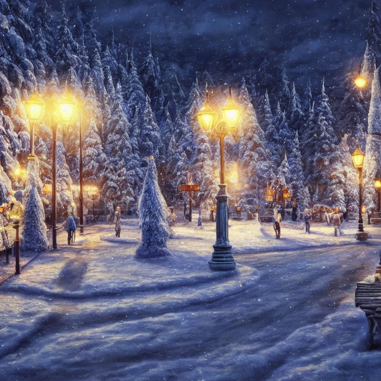 Snowy winter night scene with glowing street lamps, snow-covered trees, and park visitors.